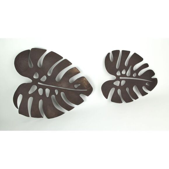 Set / 2 Antique Brown Metal Monstera Leaf Sculptures Wall Hanging - Picture 3 of 5